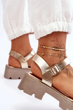 Boto Sandały Płaskie*Damskie Skórzane Sandały Z Ozdobą Złote Emori