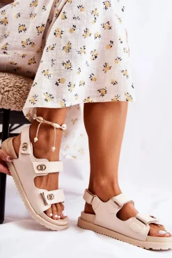 Hot Damskie buty S.Barski Damskie Skórzane Sandały Z Ozdobą Beżowe Halis