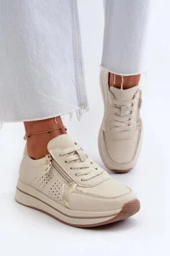 Damskie Evento Damskie Skórzane Sneakersy Na Platformie Beżowe Ligustra