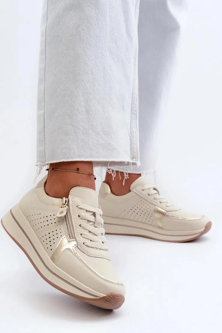 Damskie Evento Damskie Skórzane Sneakersy Na Platformie Beżowe Ligustra