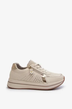 Damskie Evento Damskie Skórzane Sneakersy Na Platformie Beżowe Ligustra