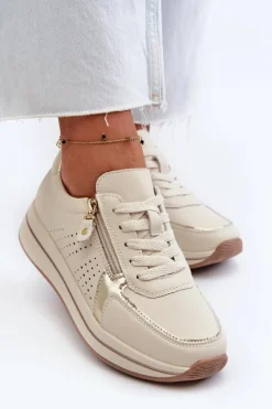 Damskie Evento Damskie Skórzane Sneakersy Na Platformie Beżowe Ligustra
