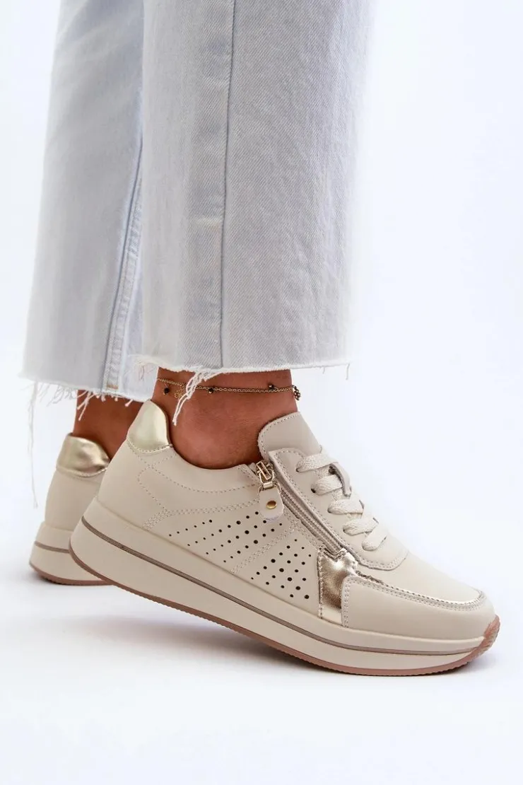 Damskie Evento Damskie Skórzane Sneakersy Na Platformie Beżowe Ligustra