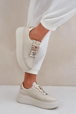 Damskie CheBello Damskie Skórzane Sneakersy Na Platformie Z Ozdobami 4292 Jasnobeżowe