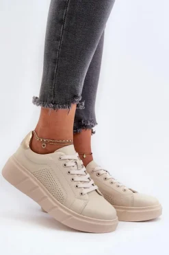 Damskie Evento Damskie Skórzane Sneakersy Na Platformie Beżowe Gatira