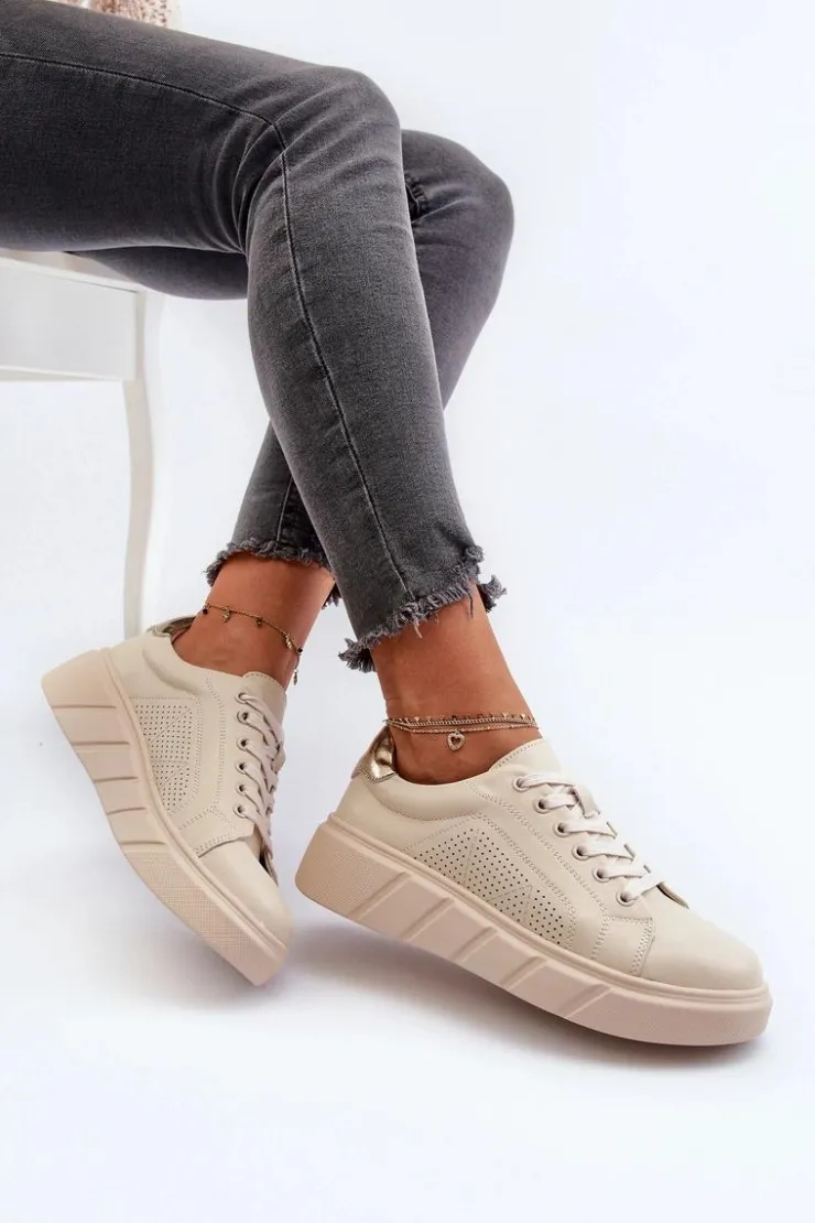 Damskie Evento Damskie Skórzane Sneakersy Na Platformie Beżowe Gatira