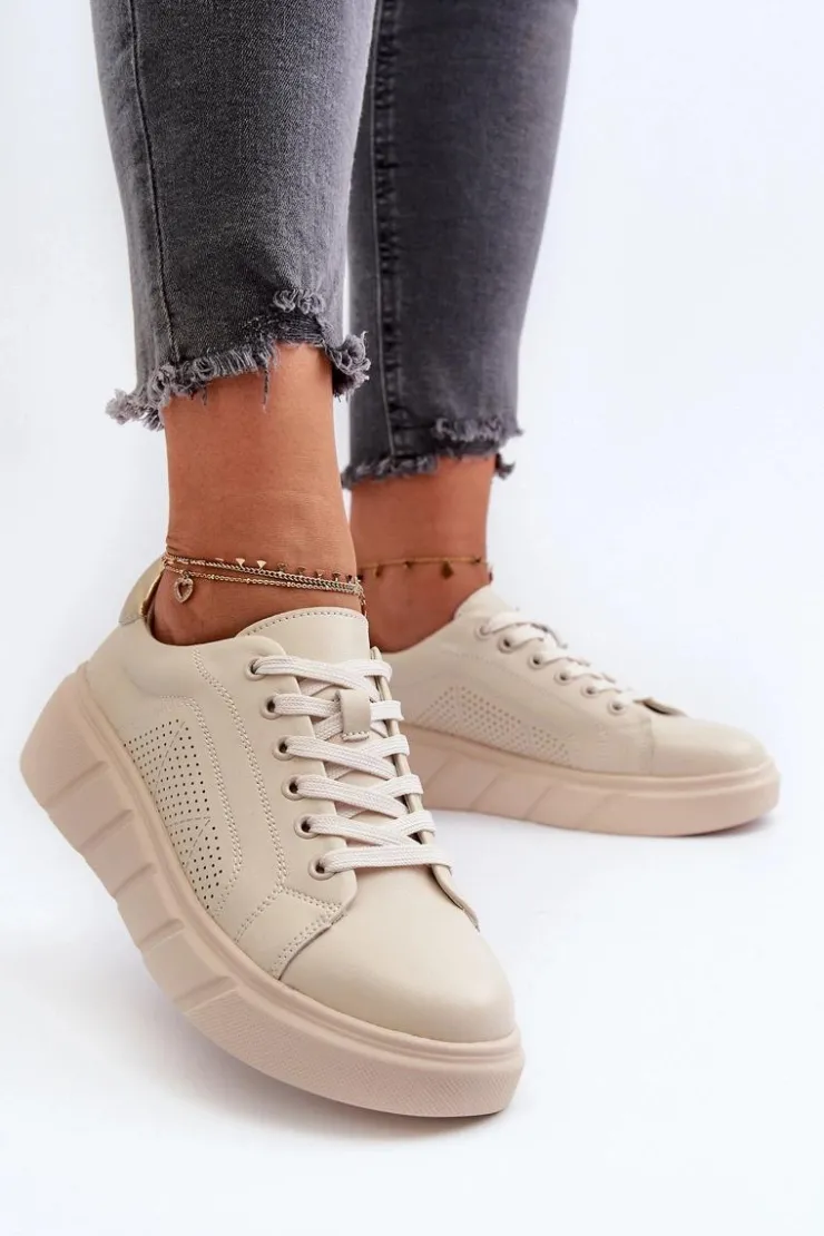 Damskie Evento Damskie Skórzane Sneakersy Na Platformie Beżowe Gatira