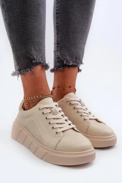 Damskie Evento Damskie Skórzane Sneakersy Na Platformie Beżowe Gatira