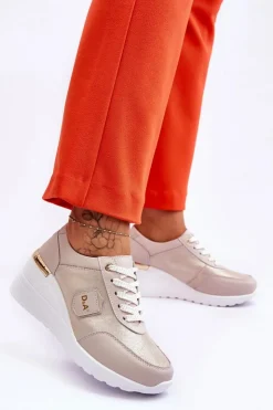 Clearance Damskie buty S.Barski Damskie Skórzane Sneakersy Na Koturnie Złote Beatris