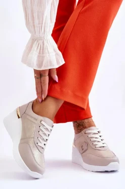 Clearance Damskie buty S.Barski Damskie Skórzane Sneakersy Na Koturnie Złote Beatris