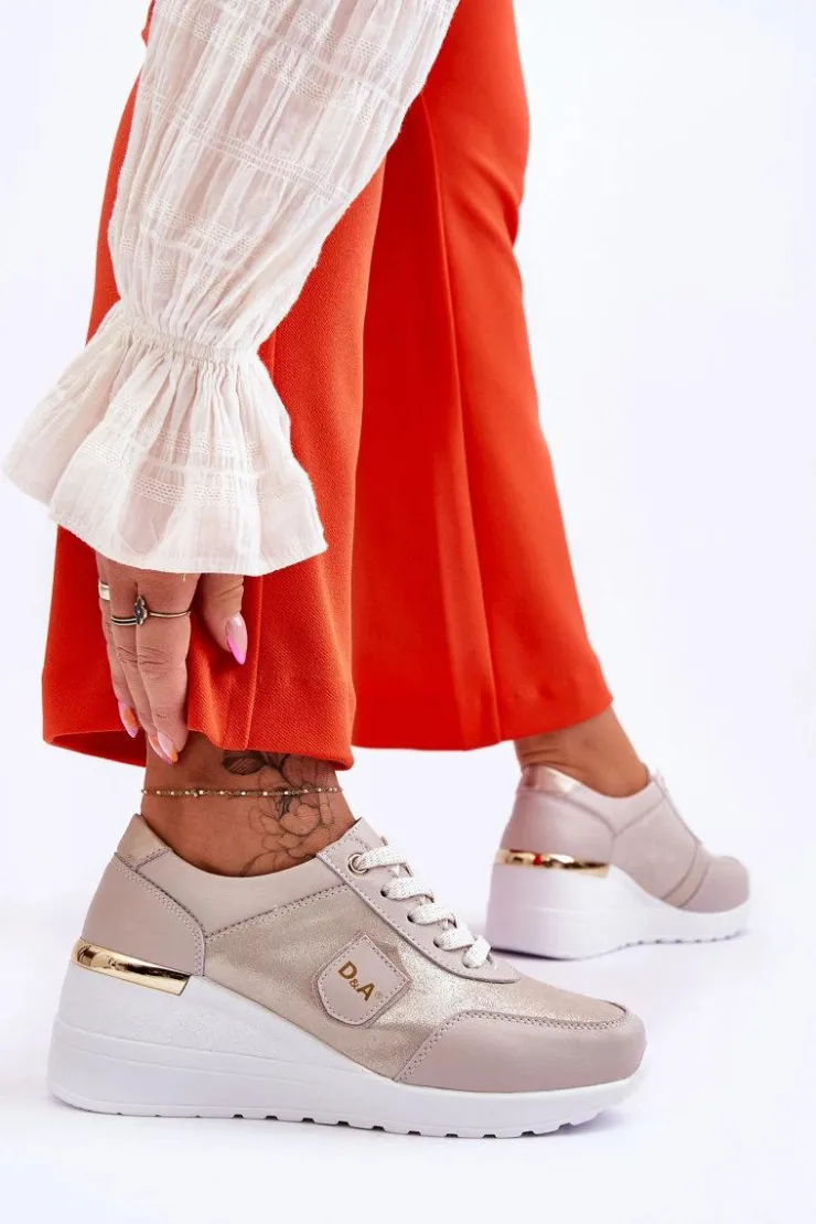 Clearance Damskie buty S.Barski Damskie Skórzane Sneakersy Na Koturnie Złote Beatris