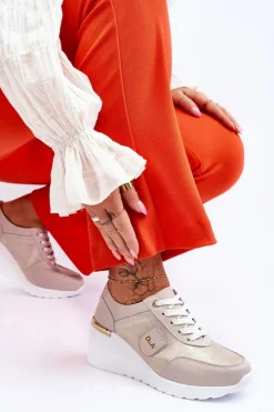 Clearance Damskie buty S.Barski Damskie Skórzane Sneakersy Na Koturnie Złote Beatris