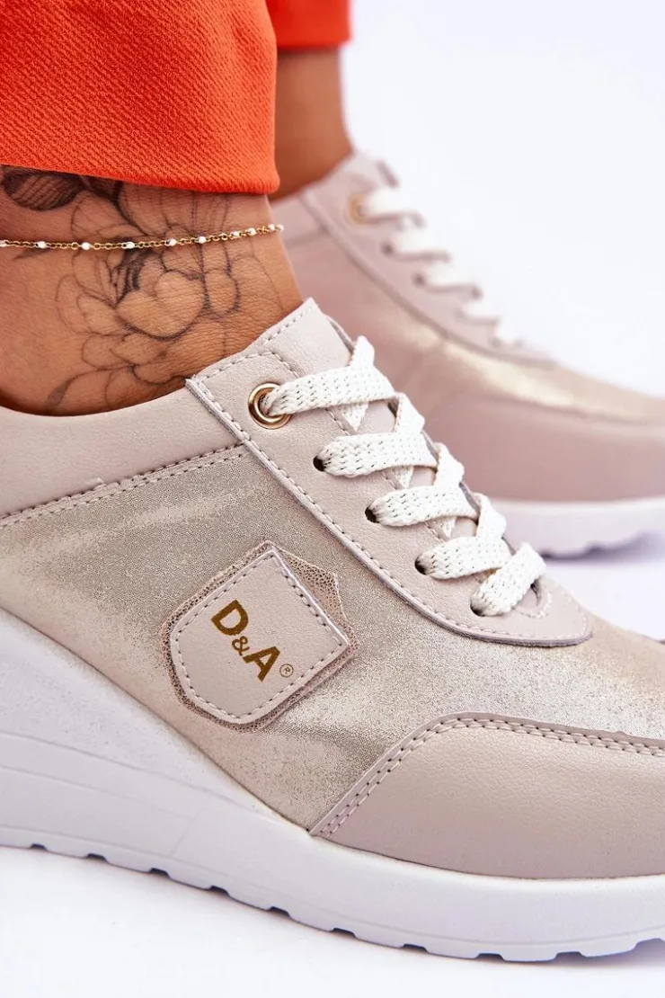 Clearance Damskie buty S.Barski Damskie Skórzane Sneakersy Na Koturnie Złote Beatris