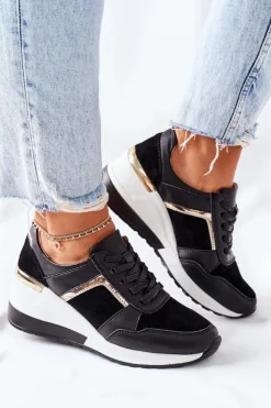 Damskie buty S.Barski Sneakersy Damskie*Damskie Skórzane Sneakersy Na Koturnie Czarne Białe Manitoba