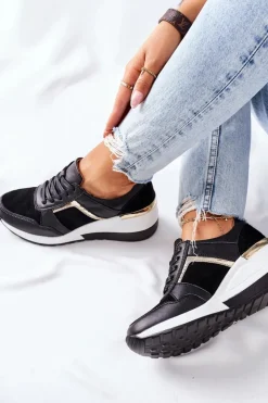 Damskie buty S.Barski Sneakersy Damskie*Damskie Skórzane Sneakersy Na Koturnie Czarne Białe Manitoba