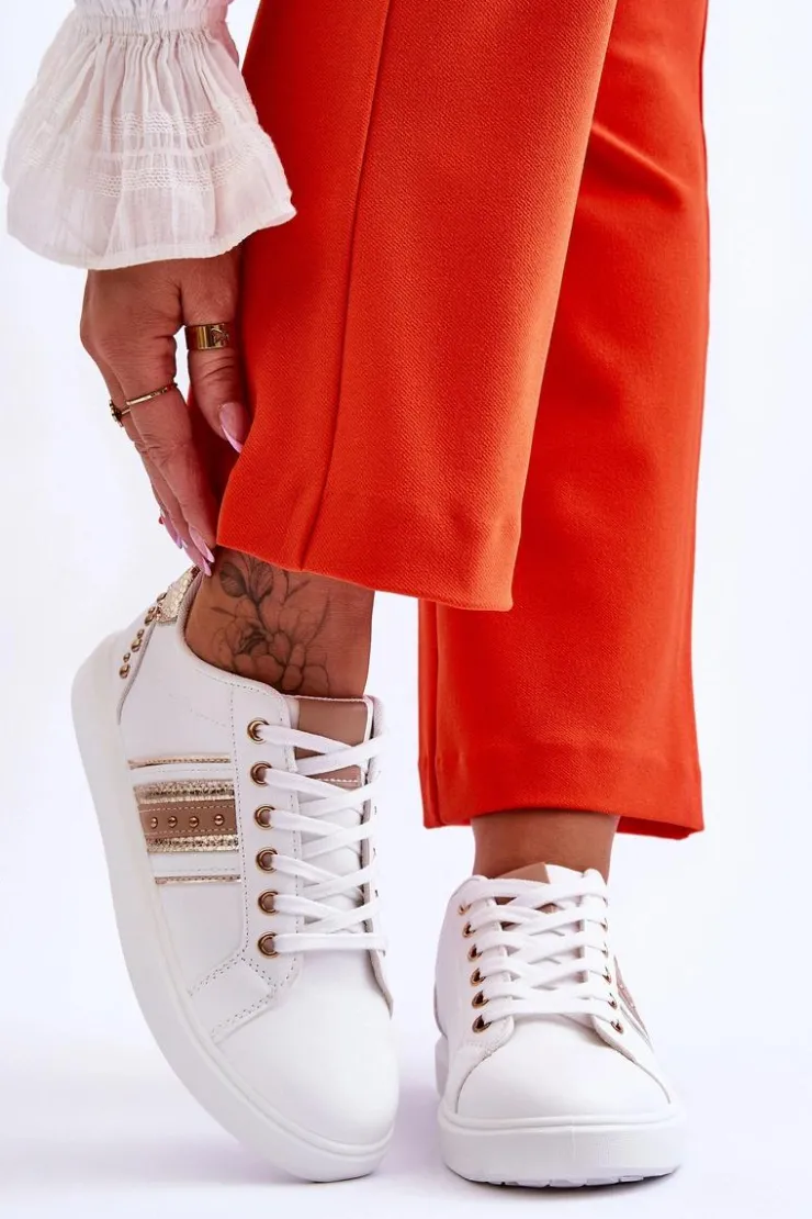 Damskie Boto Damskie Skórzane Sneakersy Z Ćwiekami Biało-Złote Dory