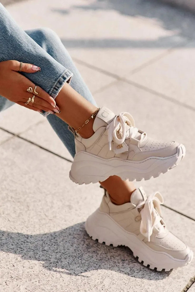 Damskie CheBello Damskie Skórzane Sneakersy Beżowe 4583