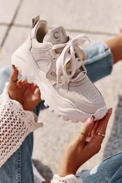 Damskie CheBello Damskie Skórzane Sneakersy Beżowe 4583