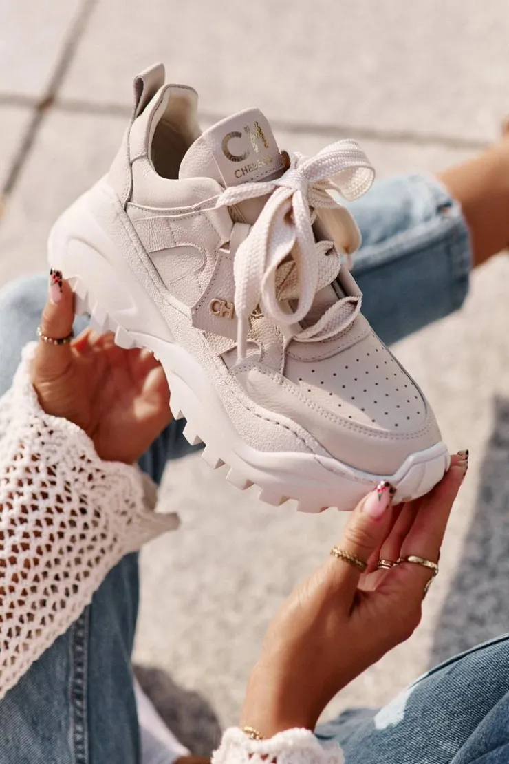 Damskie CheBello Damskie Skórzane Sneakersy Beżowe 4583