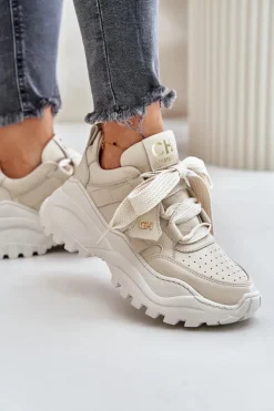 Damskie CheBello Damskie Skórzane Sneakersy Beżowe 4583