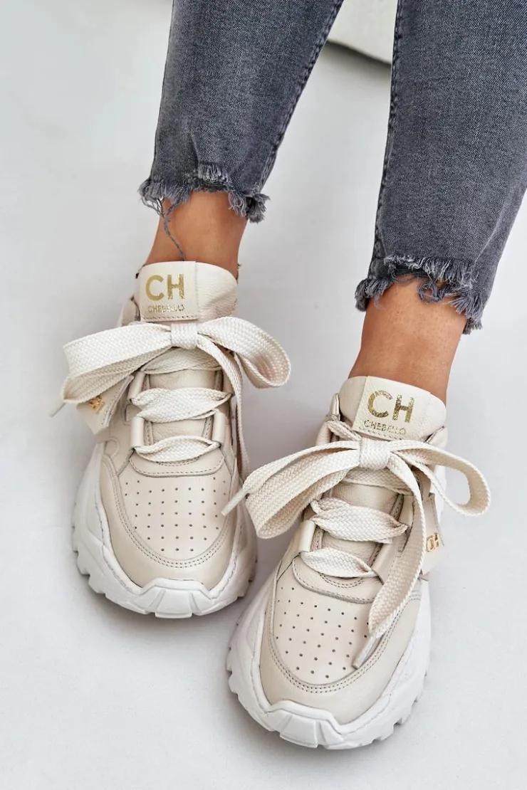 Damskie CheBello Damskie Skórzane Sneakersy Beżowe 4583