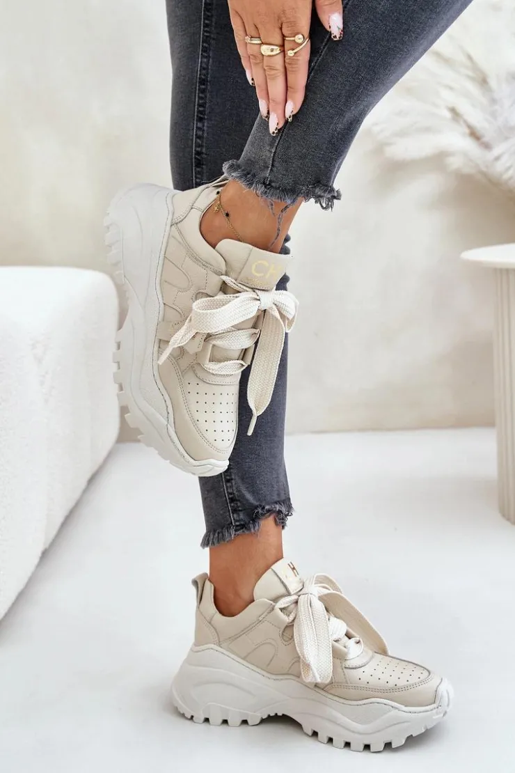 Damskie CheBello Damskie Skórzane Sneakersy Beżowe 4583