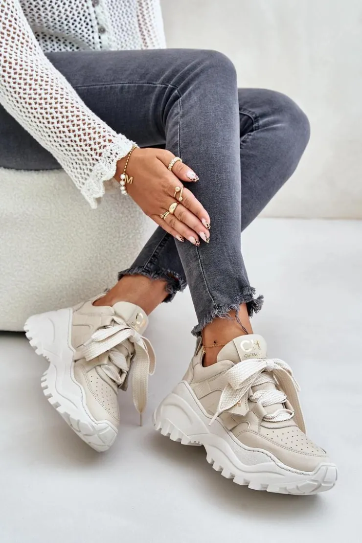 Damskie CheBello Damskie Skórzane Sneakersy Beżowe 4583