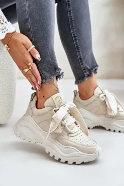 Damskie CheBello Damskie Skórzane Sneakersy Beżowe 4583