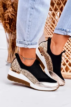 Boto Sneakersy Damskie*Damskie Skórzane Sneakersy Na Koturnie Czarne Złote Frances