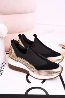 Boto Sneakersy Damskie*Damskie Skórzane Sneakersy Na Koturnie Czarne Złote Frances