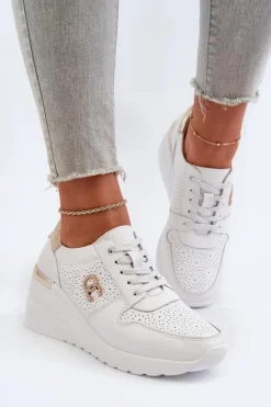 Damskie buty S.Barski Sneakersy Damskie*Damskie Skórzane Sneakersy Na Koturnie Białe D&A LR810