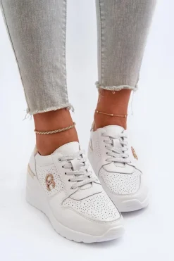 Damskie buty S.Barski Sneakersy Damskie*Damskie Skórzane Sneakersy Na Koturnie Białe D&A LR810