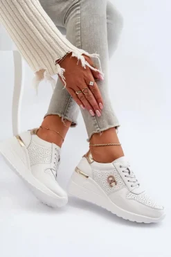 Damskie buty S.Barski Sneakersy Damskie*Damskie Skórzane Sneakersy Na Koturnie Białe D&A LR810