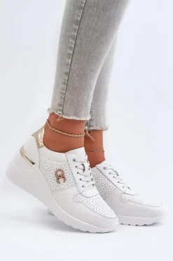 Damskie buty S.Barski Sneakersy Damskie*Damskie Skórzane Sneakersy Na Koturnie Białe D&A LR810