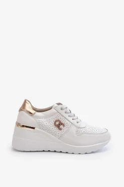 Damskie buty S.Barski Sneakersy Damskie*Damskie Skórzane Sneakersy Na Koturnie Białe D&A LR810