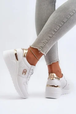 Damskie buty S.Barski Sneakersy Damskie*Damskie Skórzane Sneakersy Na Koturnie Białe D&A LR810