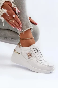 Damskie buty S.Barski Sneakersy Damskie*Damskie Skórzane Sneakersy Na Koturnie Białe D&A LR810