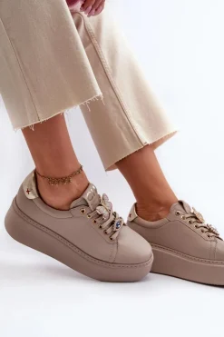 Sale CheBello Damskie Skórzane Sneakersy Z Ozdobami 4292 Beżowe