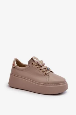 Sale CheBello Damskie Skórzane Sneakersy Z Ozdobami 4292 Beżowe