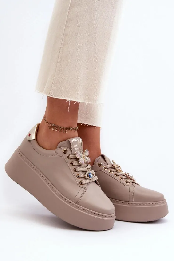 Sale CheBello Damskie Skórzane Sneakersy Z Ozdobami 4292 Beżowe