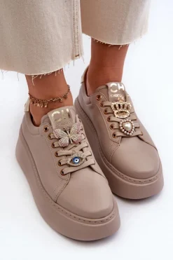 Sale CheBello Damskie Skórzane Sneakersy Z Ozdobami 4292 Beżowe