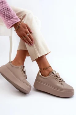 Sale CheBello Damskie Skórzane Sneakersy Z Ozdobami 4292 Beżowe