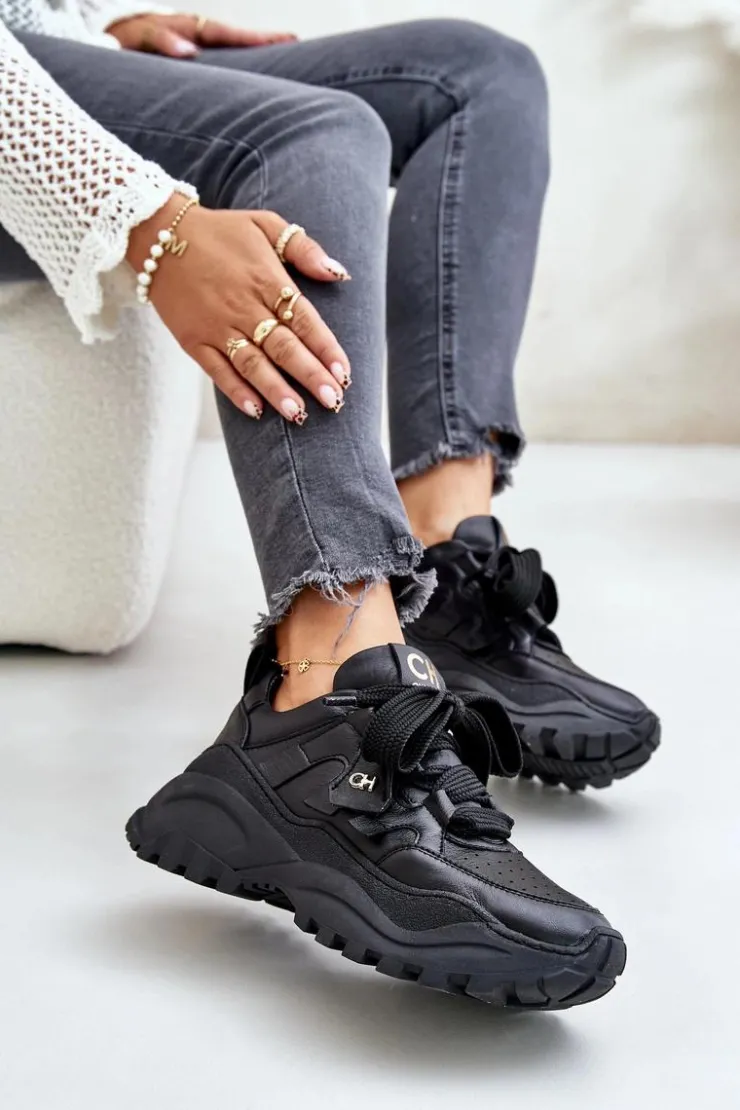CheBello Buty Sportowe Na Platformie*Damskie Skórzane Sneakersy Czarne 4583