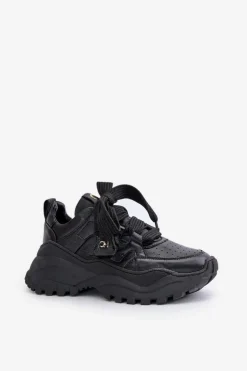 CheBello Buty Sportowe Na Platformie*Damskie Skórzane Sneakersy Czarne 4583