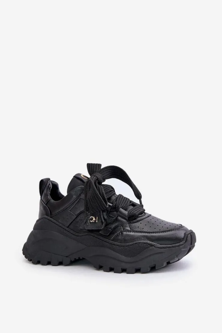CheBello Buty Sportowe Na Platformie*Damskie Skórzane Sneakersy Czarne 4583