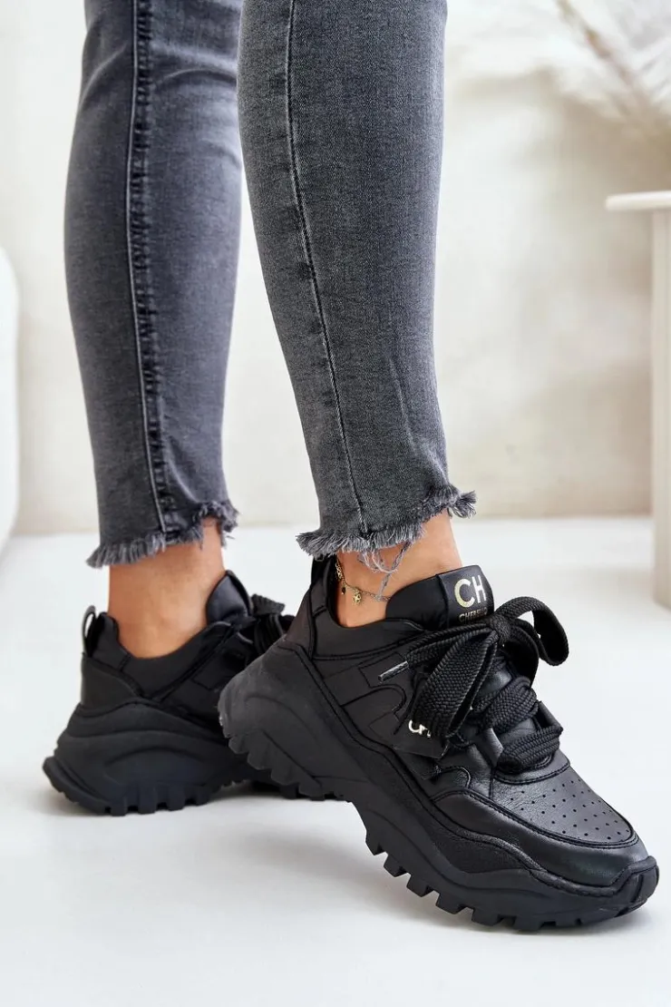 CheBello Buty Sportowe Na Platformie*Damskie Skórzane Sneakersy Czarne 4583