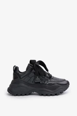 CheBello Buty Sportowe Na Platformie*Damskie Skórzane Sneakersy Czarne 4583