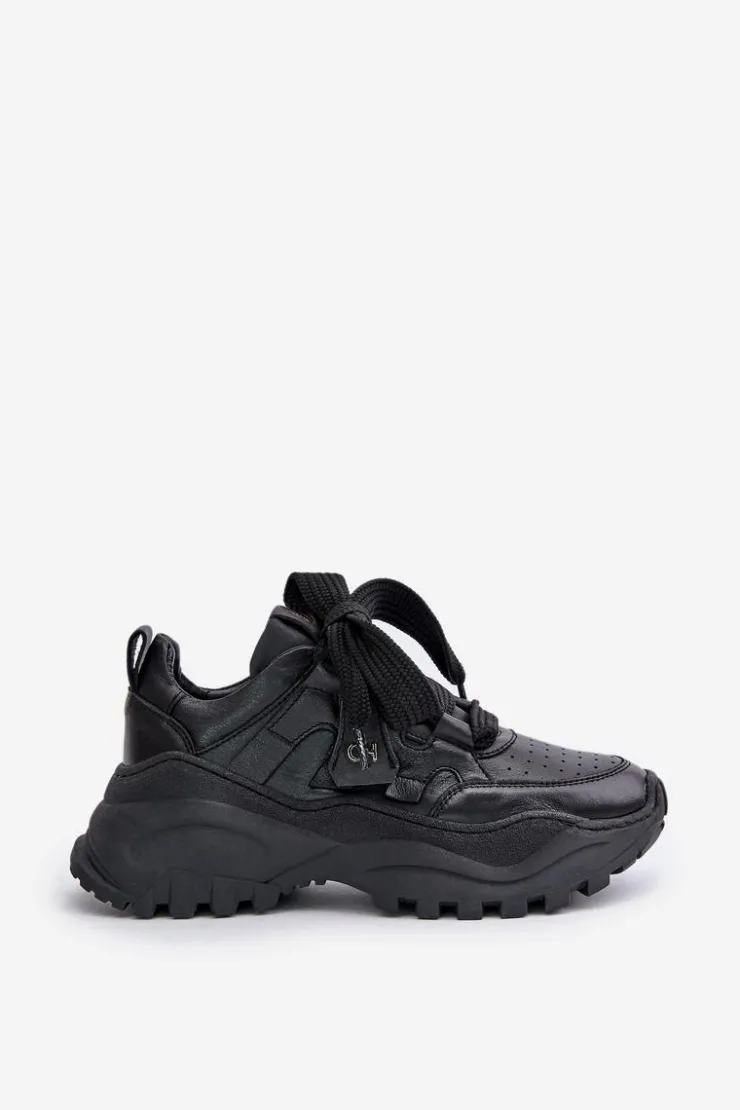 CheBello Buty Sportowe Na Platformie*Damskie Skórzane Sneakersy Czarne 4583
