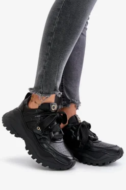 CheBello Buty Sportowe Na Platformie*Damskie Skórzane Sneakersy Czarne 4583