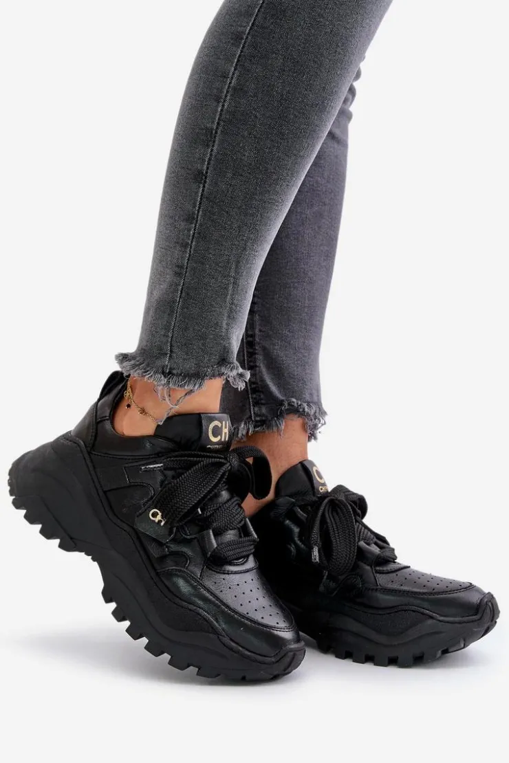 CheBello Buty Sportowe Na Platformie*Damskie Skórzane Sneakersy Czarne 4583